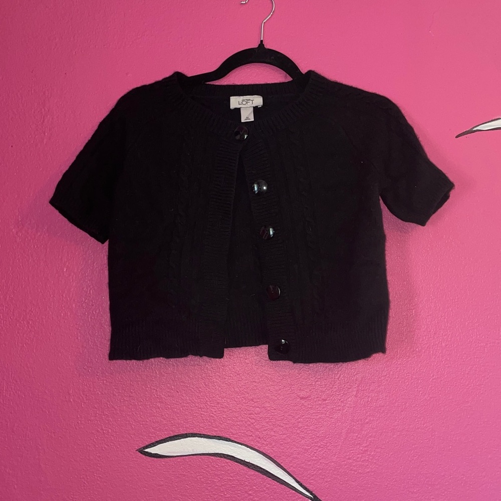 LOFT Black Button-Up Short Sleeve Cardigan
